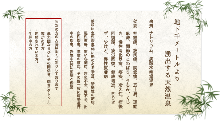 入浴、吸入療法と症状に適した適応方法でより良い効果が得られます。泉質　ナトリウム、炭酸水素塩温泉
効能　神経痛、筋肉痛、関節痛、五十肩連動麻痺、関節のこわばり、うちみくじき、慢性消化器病痔、冷え性病後回復期、疲労回復、健康増きりきず、やけど、慢性皮膚病 禁忌症 急性疾患（特に熱のある場合）、活動生の結核、悪性腫瘍、思い心臓病、呼吸不全、腎不全、出血性疾患、高度の貧血、その他一般に病勢進行性の疾患、妊娠中（特に前期と後期）※次の方の入浴は固くお断りしております ・暴力団ならびにその関係者、刺青（タトゥー）等がある方・泥酔されている方。・生理中の方